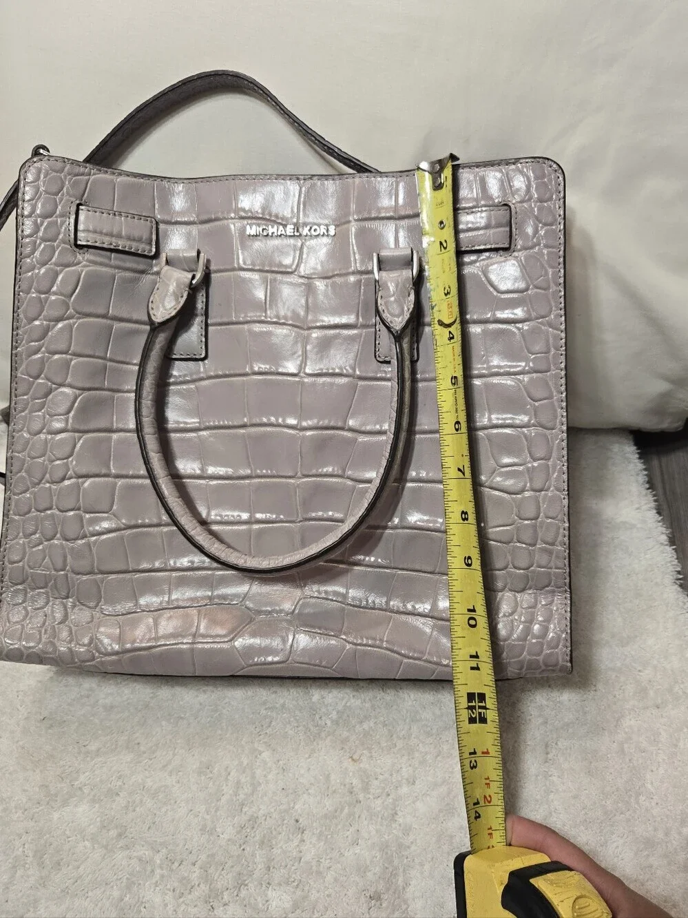 Michael Kors Dillon Satchel Dove Gray Croc Embossed Leather Shoulder Bag